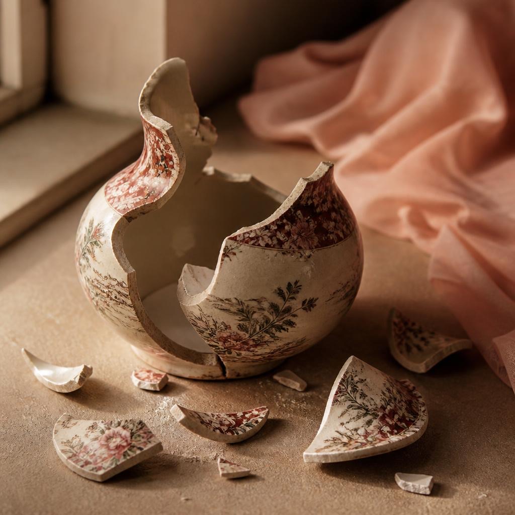 Vase en céramique brisé sur un rebord, lumière douce